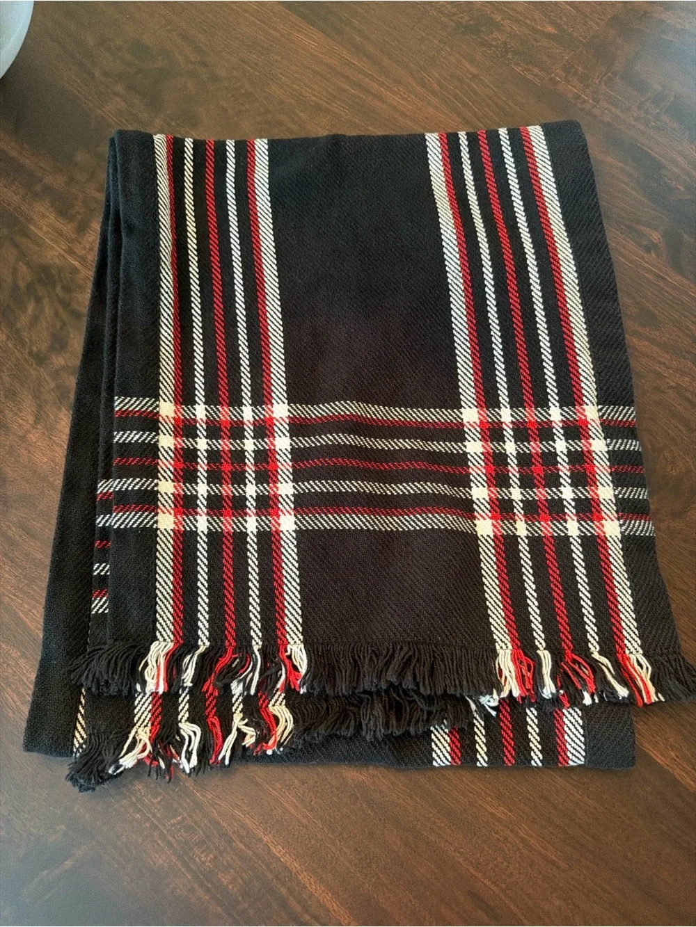 Black Plaid Table Runner with Red and White Stripe Accents